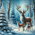 Artistic Landscape Unveils a Noble Deer Family in a Snow-Kissed Christmas Wonderland. Generative ai for illustrations