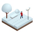 In winter, a man walks through the snow in a city park, leaving footprints in the snow. Isometric Winter concept. Bench
