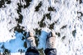 In winter Man wear hiking boots standing on a frozen ice rive covered snow