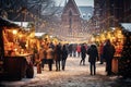 Winter market on a city square, selling seasonal goods, historical architecture covered in a blanket of snow