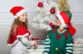 Winter masquerade concept. Merry christmas. Family holiday tradition. Children cheerful celebrate christmas. Siblings Royalty Free Stock Photo