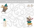 Winter maze for children. Preschool Christmas activity. New Year puzzle game with cute skating animal, skates, snowman. Help the