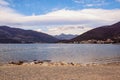 Winter Mediterranean landscape. Montenegro, Adriatic Sea, view of deserted beach and Kotor Bay near Tivat city Royalty Free Stock Photo