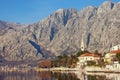 Winter Mediterranean landscape. Montenegro, Bay of Kotor, view of seaside town of Dobrota