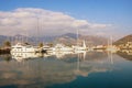 Winter Mediterranean landscape. Montenegro, Bay of Kotor. View of Porto Montenegro - yacht marina in Tivat city Royalty Free Stock Photo