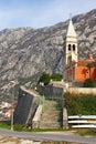 Winter Mediterranean landscape. Montenegro, Dobrota town. Baroque Catholic Church of St. Matthew