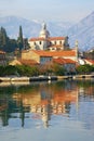 Winter Mediterranean landscape. Montenegro, view of Bay of Kotor and Prcanj town Royalty Free Stock Photo