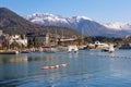 Winter Mediterranean landscape. View of Bay of Kotor, Tivat city and snow-capped Lovcen Royalty Free Stock Photo