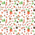 Winter Merry Christmas seamless background with bullfinch, red flowers, rowan berries, pine cones. Royalty Free Stock Photo