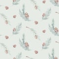 Winter merry christmas seamless nature xmas pattern with cones branch and christmas tree. Floral watercolor texture