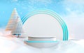 3D winter podium display, Christmas tree white abstract look background 3d rendering