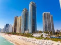 Winter in Miami Florida. View of beachfront condominiums and tourists Royalty Free Stock Photo