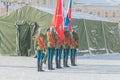 Military guard of honor with banners and standard, in winter, Ru Royalty Free Stock Photo