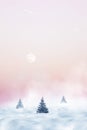 Winter minimalist landscape. Christmas trees against the background of snowdrifts and a pink sky with a moon at sunset. Royalty Free Stock Photo