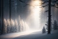 winter misty forest landscape with lots of bokeh background. ai generative Royalty Free Stock Photo