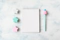 Winter mockup with open white three pastel blue and pink star, notebook and pen