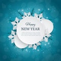 Winter modern abstract background with a cutout 3D paper circle shape label, snowflakes and Christmas tree branches.