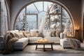 Winter modern living room interior with cozy sofa in light colors