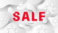 Winter modern minimal design sale banner with realistic white snowflakes, fluid gray shapes on a light background. Horizontal Royalty Free Stock Photo