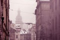 Winter monochrome city center view of Lviv, Ukraine