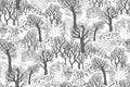 Winter monochrome seamless pattern with park of bare trees.