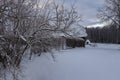 Winter morning in the countryside, the sky is cloudy