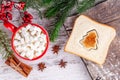 Winter morning food concept, cup with hot chocolate, marshmallows, toasted bread Royalty Free Stock Photo