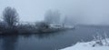 Landscape on the river in winter morning. Panorama. Royalty Free Stock Photo