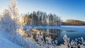 Winter morning landscape with mist on the river with the forest, Russia, the Urals