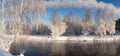 Winter morning landscape with mist on the river with the forest, Russia, the Urals