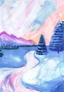 Winter morning landscape at sunrise. Children`s drawing Royalty Free Stock Photo