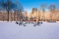 Winter morning in the Manor Park in the town of IÃâowa in western Poland. Lunar Gates. Royalty Free Stock Photo