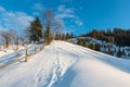 Winter morning mountain rural snow covered path Royalty Free Stock Photo