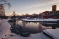 Winter morning at the old spinning mill by the river in Forssa Finland