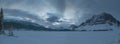 Winter morning panorama of Bow Lake Royalty Free Stock Photo
