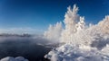 Winter morning at Reftinsky reservoir with snow-covered forest and river Russia Ural in January