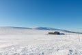 Winter morning, road to Meadow Hut, krkonose mountains. Along the road are wooden long bars, tourist markings for winter season Royalty Free Stock Photo