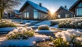 Winter morning street with hi-tech style houses, the ground is covered with snow and frost, peaceful morning Royalty Free Stock Photo