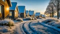 Winter morning street with hi-tech style houses, the ground is covered with snow and frost, peaceful morning Royalty Free Stock Photo