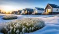 Winter morning street with hi-tech style houses, the ground is covered with snow and frost, peaceful morning Royalty Free Stock Photo