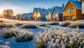 Winter morning street with hi-tech style houses, the ground is covered with snow and frost, peaceful morning Royalty Free Stock Photo