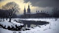 Winter in Moscow, Russia. Panoramic view of the Moscow Kremlin. generative ai