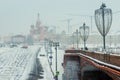 winter in Moscow, view of St. Basil`s Cathedral in a blizzard Royalty Free Stock Photo