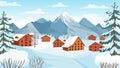 Winter mountain with cottages. Houses in snowy alpine peaks for wintertime holidays vacation. Cartoon landscape of ski