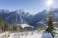 Winter mountain forest landscape on a sunny day in Austria Royalty Free Stock Photo