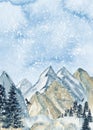 Winter Mountain Forest landscape, Vertical blue mountains and pines hand painted watercolor. Greeting card, invitations