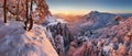 Winter mountain landcape with snow forest at sunset Royalty Free Stock Photo
