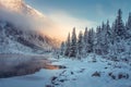 Winter mountain landscape in Canada. Wild snowy mountain near an icy lake. Forest in mountains nature at morning sunlight Royalty Free Stock Photo