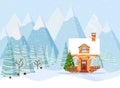 Winter mountain landscape with christmas house covered with snow, decorated christmas tree, spruces in cartoon flat Royalty Free Stock Photo