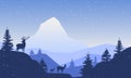 Winter mountain landscape and deer. Beautiful illustration in blue tones.